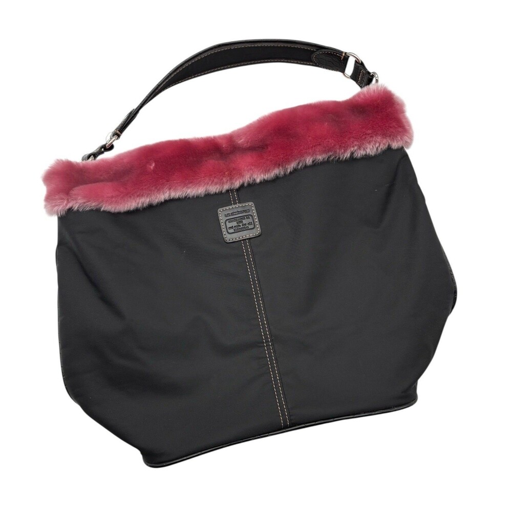 Y2K Liz Claiborne Pink Faux Fur Trim Black Handbag Shoulder Bag